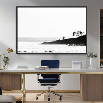 40875891-MGV-FC-36X24_Black-SurferCliffs Wall Art Canvas Print, Framed Black White Beach Art Picture Print, Ocean Waves Perfect Minimalist Coastal Decor