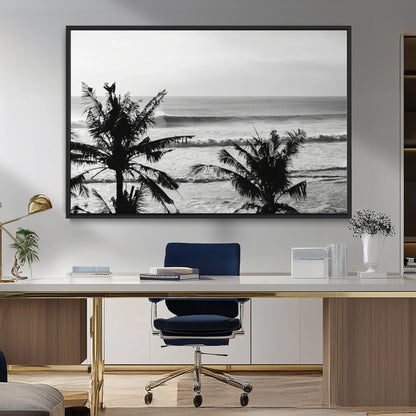 17508038-MGV-FC-36X24_Black-Tropical Coastline Wall Art Canvas Print, Framed Palm Trees Art Picture Print, Ocean Waves Perfect Minimalist Coastal Decor