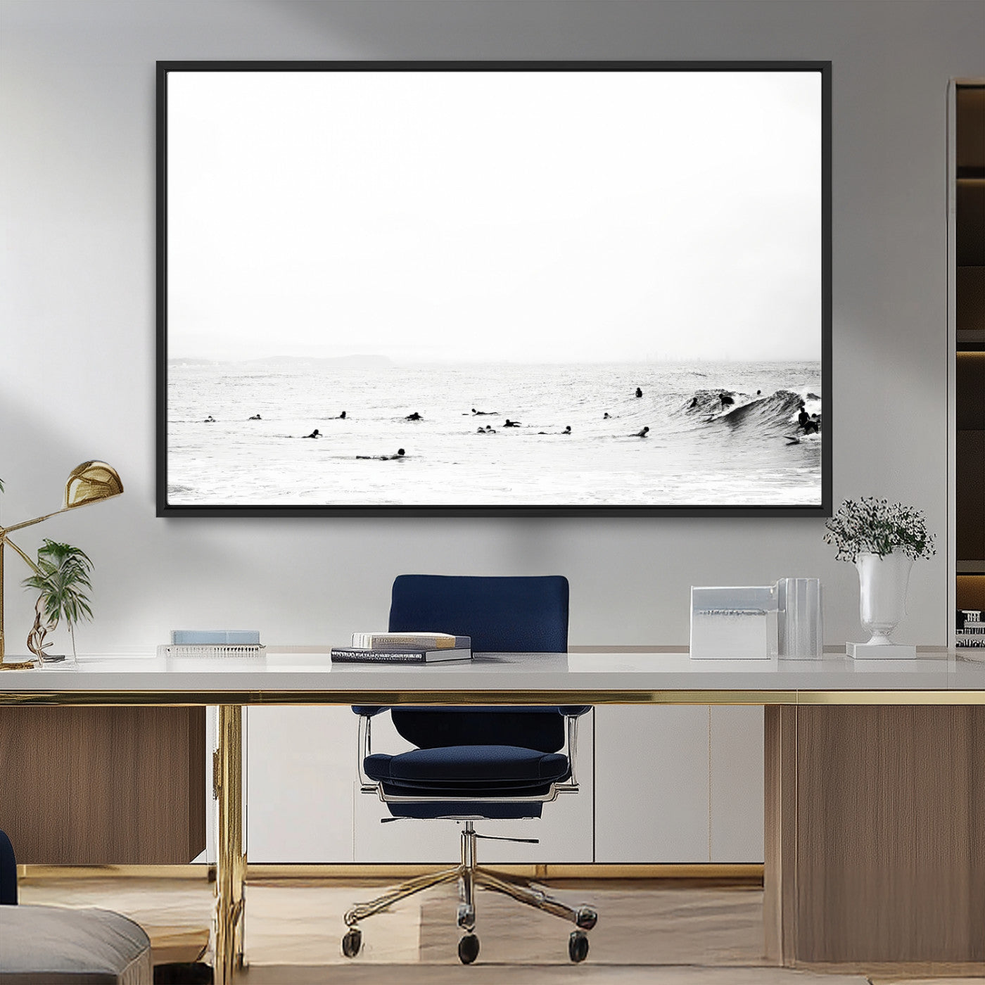 38441169-MGV-FC-36X24_Black-Monochrome Swimming Wall Art Canvas Print, Framed Ocean Horizon Art Picture Print, Moody Coastal Perfect Minimalist Coastal Decor