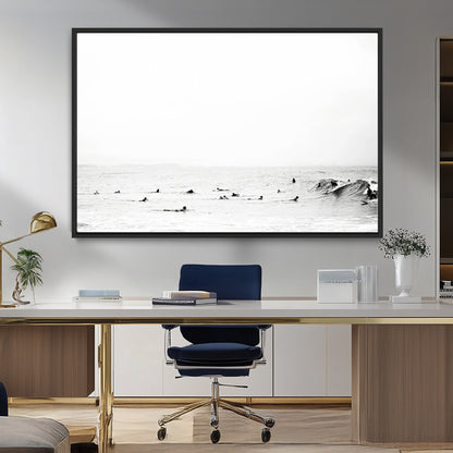 38441169-MGV-FC-36X24_Black-Monochrome Swimming Wall Art Canvas Print, Framed Ocean Horizon Art Picture Print, Moody Coastal Perfect Minimalist Coastal Decor