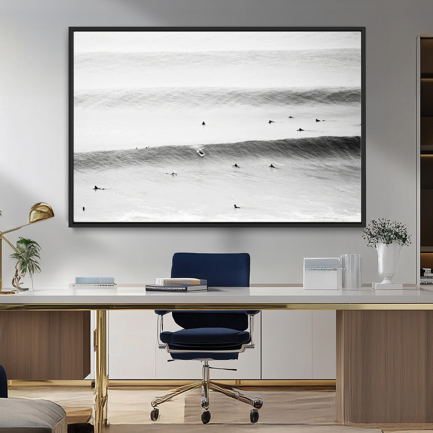 54291445-MGV-CV-36X24-Black White Ocean Wall Art Canvas Print, Framed Coastal Sport Art Picture Print, Ocean Culture Perfect Minimalist Coastal Decor