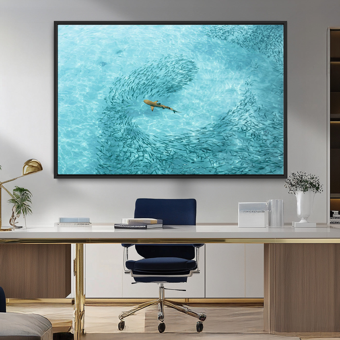 43671474-MGV-FC-36X24_Black-Fish Swarm Wall Art Canvas Print, Framed Marine Life Art Picture Print, Shark Aerial Perfect Wildlife Coastal Decor Artwork