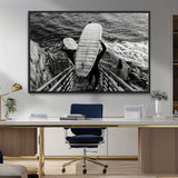 32353707-MGV-CV-36X24-Black White Surfing Wall Art Canvas Print, Framed Coastal Surfing Art Picture Print, Wave Riders Perfect Coastal Adventure Decor