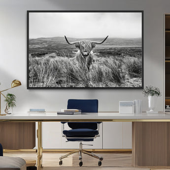 24051061-MGV-FC-36X24_Black-Monochrome Highland Cow Wall Art Canvas Print, Framed Scottish Bull Art Picture Print, Lone Cattle Perfect Rustic Farmhouse Decor
