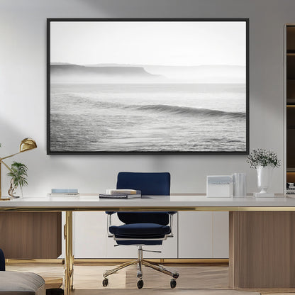 60635783-MGV-CV-36X24-Black White Seascape Wall Art Canvas Print, Framed Ocean Waves Art Picture Print, Misty Coastal Perfect Minimalist Coastal Decor