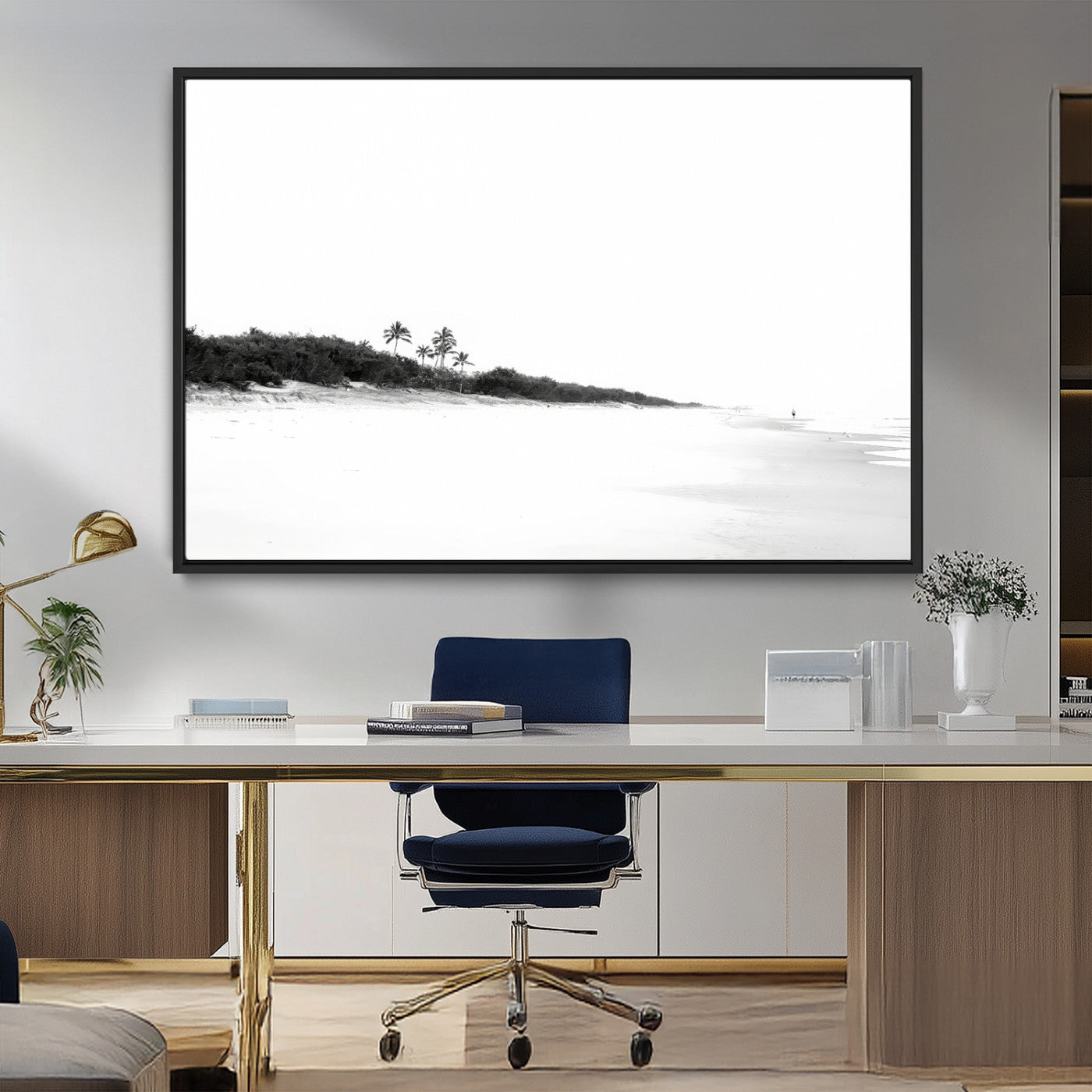 29611516-MGV-FC-36X24_Black-Black White Beach Wall Art Canvas Print, Framed Palm Trees Art Picture Print, Monochrome Tropical Perfect Minimalist Coastal Decor