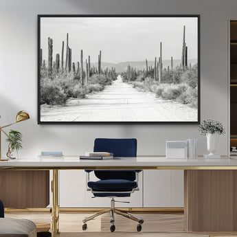 35537313-MGV-FC-36X24_Black-Monochrome Desert Wall Art Canvas Print, Framed Cactus Path Art Picture Print, Southwestern Landscape Perfect Southwestern