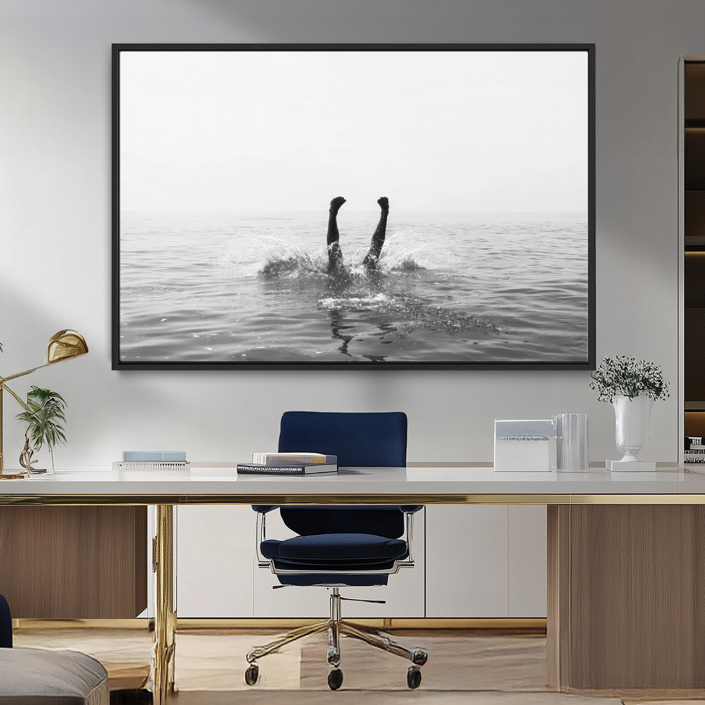 26667396-MGV-FC-36X24_Black-Black White Ocean Wall Art Canvas Print, Framed Monochrome Water Art Picture Print, Diving into Water Perfect Minimalist Aquatic