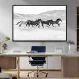 69934913-MGV-FC-36X24_Black-Wild Horses Running Wall Art Canvas Print, Framed Black White Mustangs Art Picture Print, Rustic Western Perfect Rustic Western