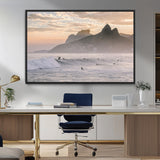 70644906-MGV-FC-36X24_Black-Sunset Surfing Wall Art Canvas Print, Framed Misty Mountains Art Picture Print, Surfer Riding Wave Perfect Coastal Adventure Decor