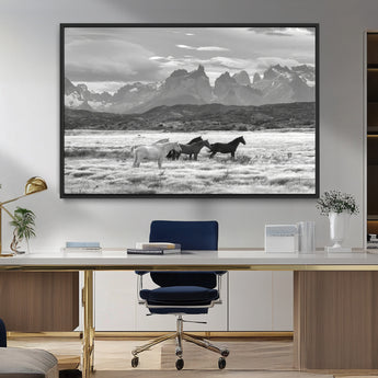 21655040-MGV-CV-36X24-Wild Horses Wall Art Canvas Print, Framed Black White Mountains Art Picture Print, Rustic Countryside Perfect Rustic Western Decor
