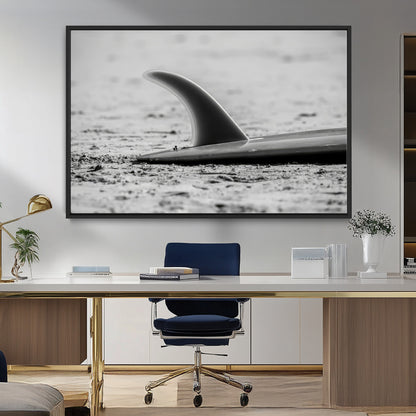 62314230-MGV-FC-36X24_Black-Black White Surfboard Wall Art Canvas Print, Framed Minimalist Beach Art Picture Print, Surf Fin Perfect Minimalist Coastal Decor
