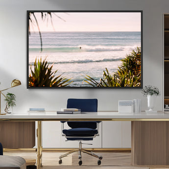 23287092-MGV-CV-36X24-Ocean Surfer Wall Art Canvas Print, Framed Coastal Surf Art Picture Print, Tropical Beach Perfect Tropical Coastal Decor Artwork