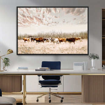 64892775-MGV-FC-36X24_Black-Longhorn Cattle Wall Art Canvas Print, Framed Texas Ranch Art Picture Print, Western Cow Perfect Western Decor Artwork