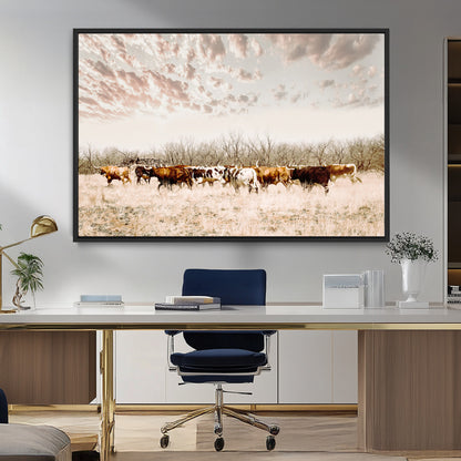 64892775-MGV-FC-36X24_Black-Longhorn Cattle Wall Art Canvas Print, Framed Texas Ranch Art Picture Print, Western Cow Perfect Western Decor Artwork