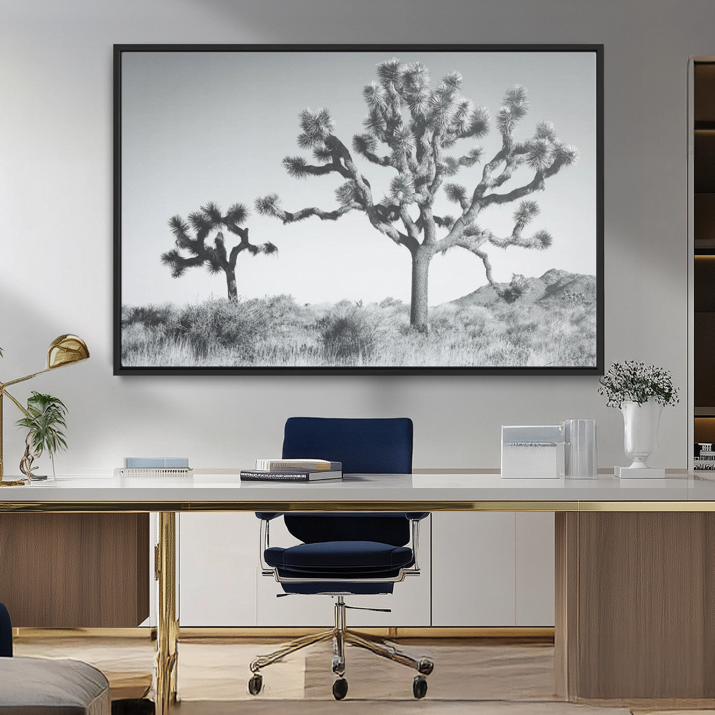 29996209-MGV-FC-36X24_Black-Joshua Tree Art Wall Art Canvas Print, Framed Black White Landscape Art Picture Print, Desert Tree Decor Perfect Southwestern Boho
