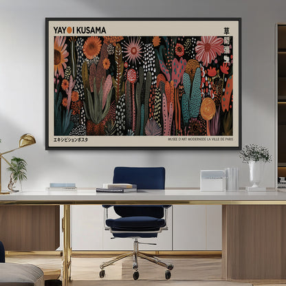 28344895-MGV-FC-36X24_Black-Dark Floral Abstract Wall Art Poster – Modern Botanical Canvas Print with Beige Border, Kusama Inspired Boho Flower Painting,