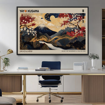 54967195-MGV-CV-36X24-Mount Fuji Wall Art – Japanese Cherry Blossom Abstract Canvas Print, Navy Gold Landscape Painting, Oriental Luxury Home Decor