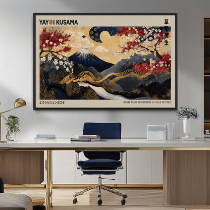 54967195-MGV-CV-36X24-Mount Fuji Wall Art – Japanese Cherry Blossom Abstract Canvas Print, Navy Gold Landscape Painting, Oriental Luxury Home Decor