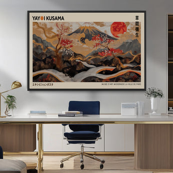 77970791-MGV-FC-36X24_Black-Mount Fuji Golden Abstract Wall Art – Japanese Landscape Canvas Poster, Cherry Blossom & Red Sun Painting, Elegant Zen Oriental