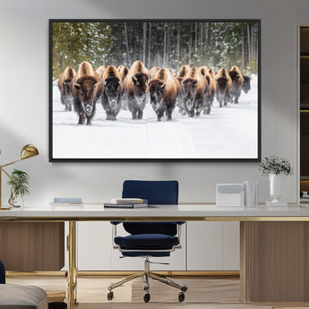 22695857-MGV-FC-36X24_Black-Bison Herd Scene Wall Art Canvas Print, Framed Western Wildlife Art Picture Print, Rustic Animal Art Perfect Rustic Lodge Decor