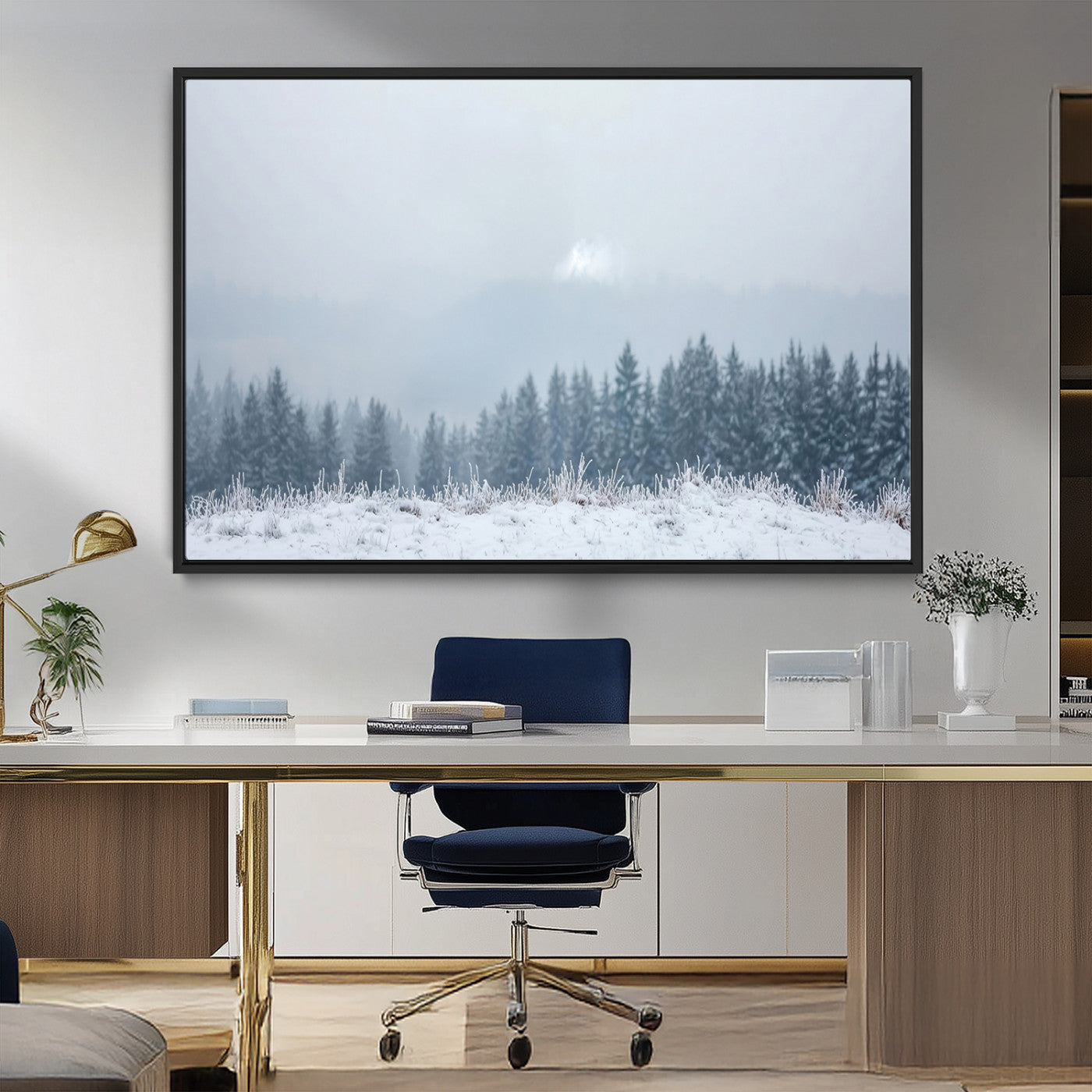 33033082-MGV-CV-36X24-Winter Forest Art Wall Art Canvas Print, Framed Snowy Landscape Art Picture Print, Misty Tree Scene Perfect Nordic Minimalist