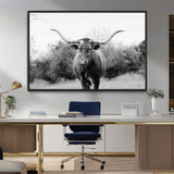 97280319-MGV-FC-36X24_Black-Longhorn Photography Wall Art Canvas Print, Framed Western Cow Decor Art Picture Print, Texas Ranch Style Perfect Rustic Farmhouse