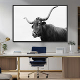 99244177-MGV-FC-36X24_Black-Longhorn Photography Wall Art Canvas Print, Framed Western Cow Decor Art Picture Print, Black White Bull Perfect Modern Rustic