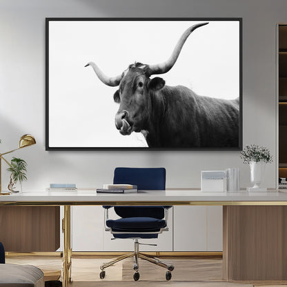 99244177-MGV-FC-36X24_Black-Longhorn Photography Wall Art Canvas Print, Framed Western Cow Decor Art Picture Print, Black White Bull Perfect Modern Rustic