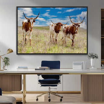 58099948-MGV-CV-36X24-Texas Longhorn Wall Art Canvas Print, Framed Western Decor Art Picture Print, Rustic Farmhouse Perfect Western Farmhouse Decor