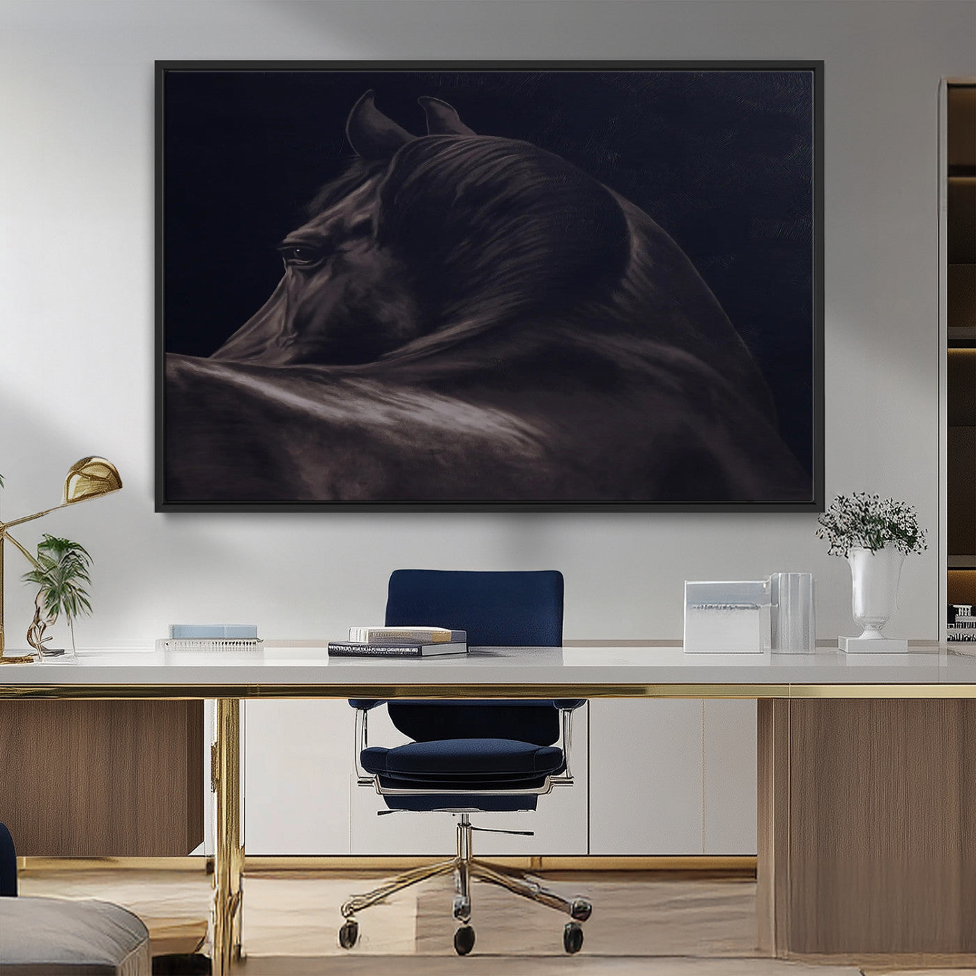 67026880-MGV-CV-36X24-Black Horse Portrait Wall Art Canvas Print, Framed Moody Horse Decor Art Picture Print, Equestrian Wall Style Perfect Masculine