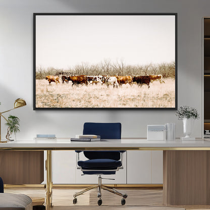 12454132-MGV-FC-36X24_Black-Cow Herd Photography Wall Art Canvas Print, Framed Rustic Farmhouse Decor Art Picture Print, Western Ranch Style Perfect Rustic
