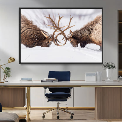 36507609-MGV-CV-36X24-Elk Clash Scene Wall Art Canvas Print, Framed Wildlife Strength Decor Art Picture Print, Snowy Forest Elk Perfect Rustic Lodge