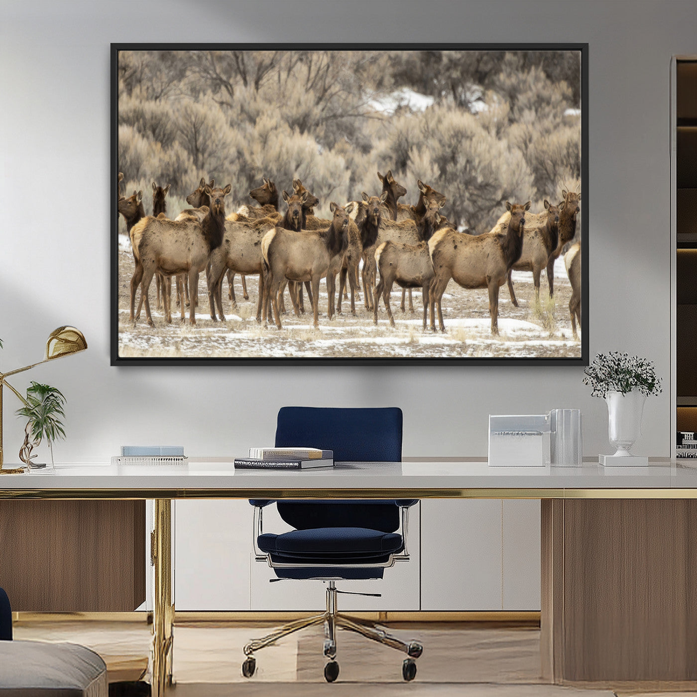 90269422-MGV-FC-36X24_Black-Elk Herd Scene Wall Art Canvas Print, Framed Rustic Wildlife Decor Art Picture Print, Western Cabin Style Perfect Rustic Lodge