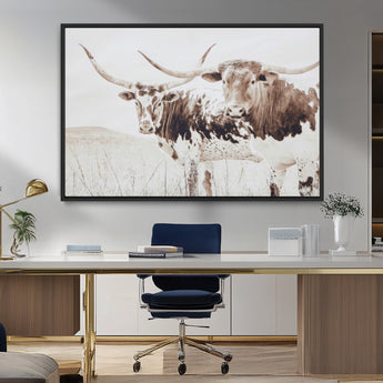 48161868-MGV-FC-36X24_Black-Longhorn Cow Decor Wall Art Canvas Print, Framed Rustic Cattle Art Picture Print, Sepia Western Vibe Perfect Neutral Rustic