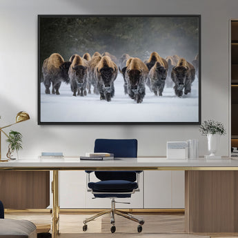 41669135-MGV-FC-36X24_Black-Bison Herd Scene Wall Art Canvas Print, Framed Rustic Wildlife Decor Art Picture Print, Snowy Bison Landscape Perfect Rustic