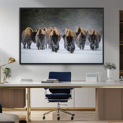 41669135-MGV-FC-36X24_Black-Bison Herd Scene Wall Art Canvas Print, Framed Rustic Wildlife Decor Art Picture Print, Snowy Bison Landscape Perfect Rustic