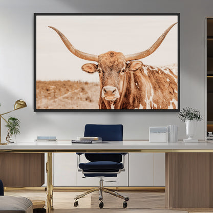 74406977-MGV-CV-36X24-Longhorn Bull Decor Wall Art Canvas Print, Framed Western Cow Theme Art Picture Print, Rustic Farmhouse Wall Perfect Neutral