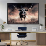 71457818-MGV-FC-36X24_Black-Longhorn Wall Art Wall Art Canvas Print, Framed Western Bull Canvas Art Picture Print, Rustic Cow Decor Perfect Western Dramatic