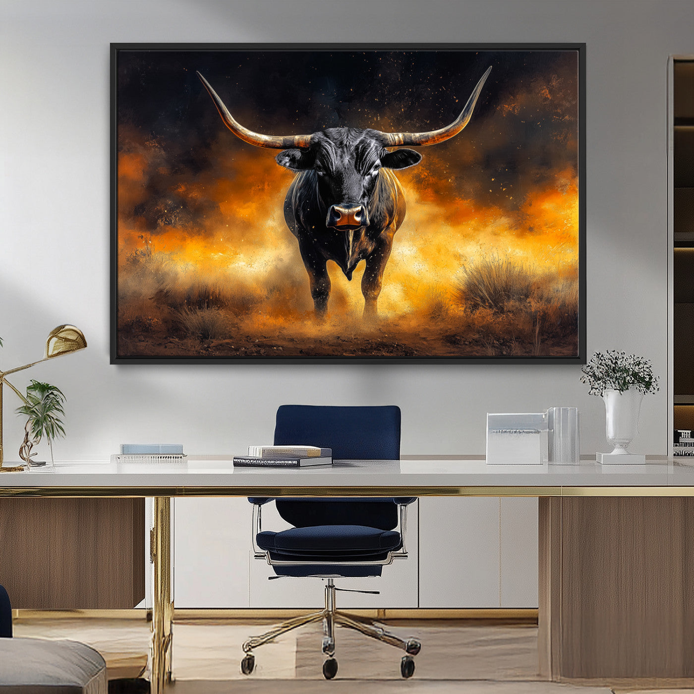 58293979-MGV-FC-36X24_Black-Longhorn Canvas Wall Art Canvas Print, Framed Bold Bull Wall Art Art Picture Print, Western Animal Decor Perfect Western Dramatic