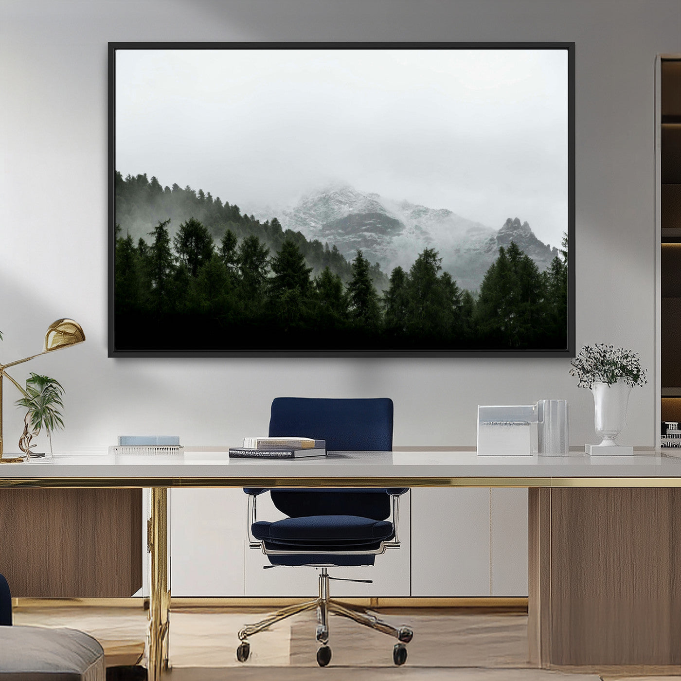 55968349-MGV-FC-36X24_Black-Misty Mountains Wall Art Canvas Print, Framed Foggy Forest Art Picture Print, Snowy Peaks Perfect Moody Wilderness Decor Artwork