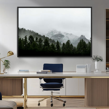 55968349-MGV-FC-36X24_Black-Misty Mountains Wall Art Canvas Print, Framed Foggy Forest Art Picture Print, Snowy Peaks Perfect Moody Wilderness Decor Artwork