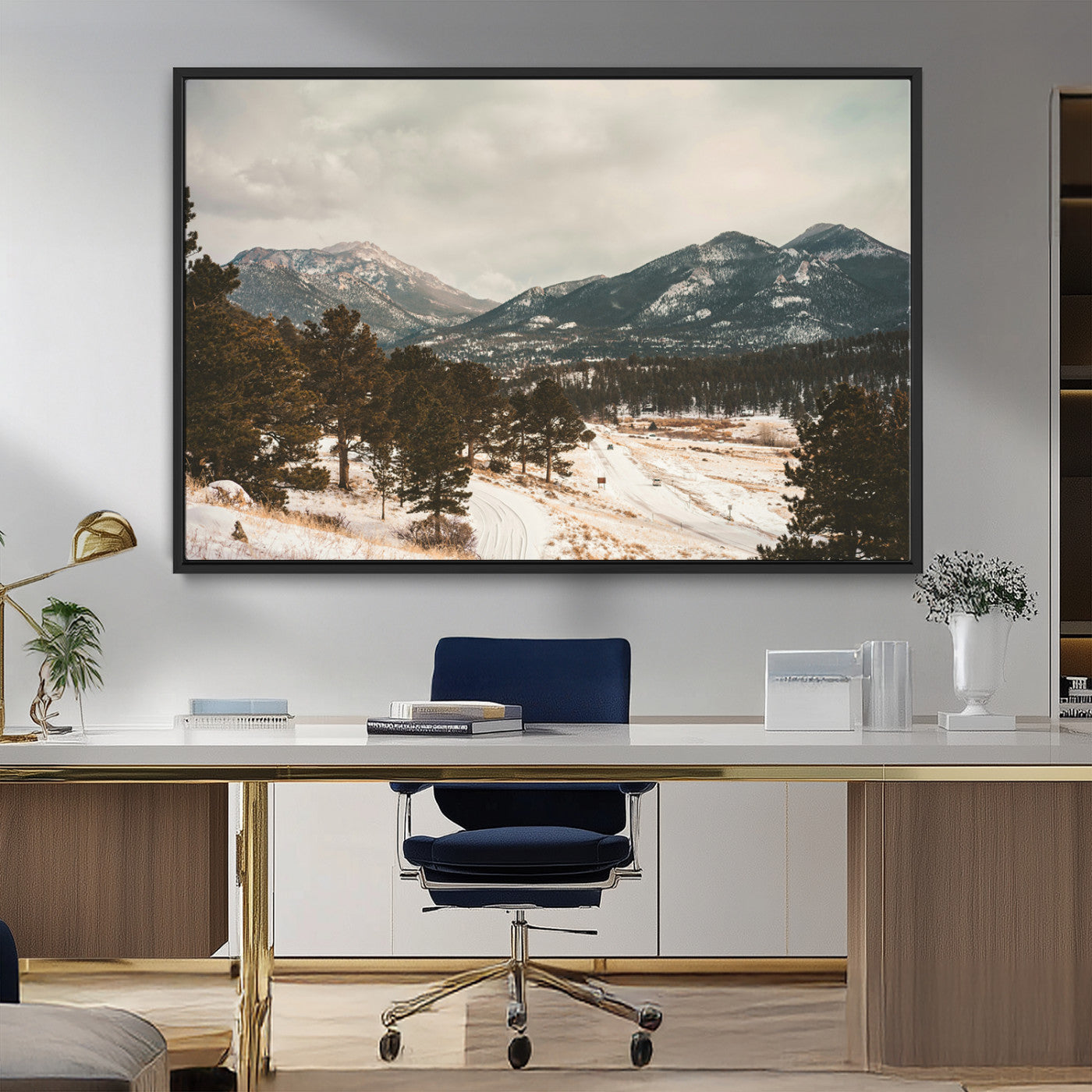 77311749-MGV-CV-36X24-Mountain Landscape Wall Art Canvas Print, Framed Snowy Peaks Art Picture Print, Alpine Aesthetic Perfect Rustic Winter Decor