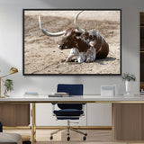 76549210-MGV-CV-36X24-Texas Longhorn Wall Art Canvas Print, Framed Country Living Art Picture Print, Farmhouse Aesthetic Perfect Western Rustic Decor