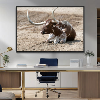 76549210-MGV-CV-36X24-Texas Longhorn Wall Art Canvas Print, Framed Country Living Art Picture Print, Farmhouse Aesthetic Perfect Western Rustic Decor