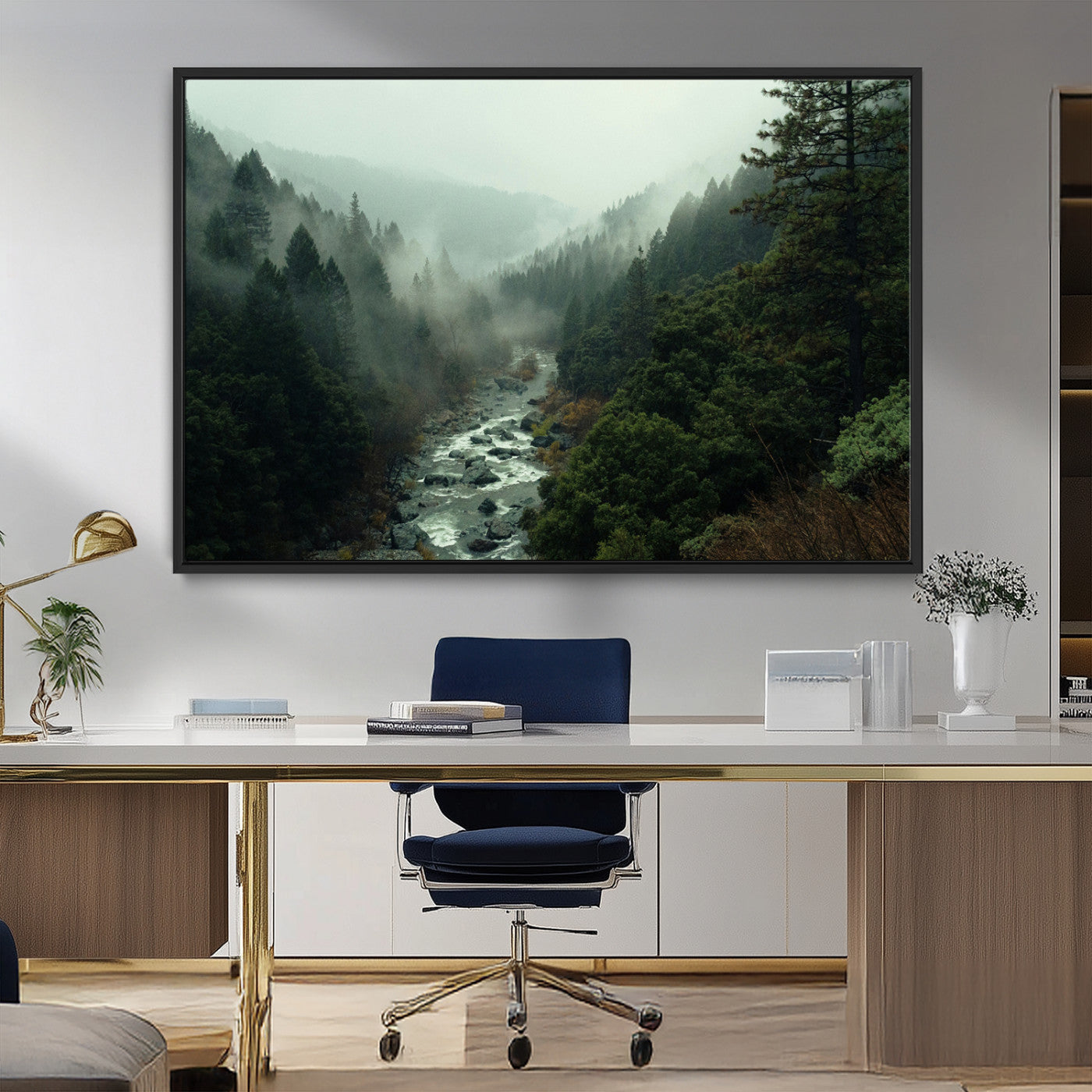 48497565-MGV-FC-36X24_Black-Misty Forest Wall Art Canvas Print, Framed Foggy River Art Picture Print, Moody Landscape Perfect Moody Wilderness Decor Artwork