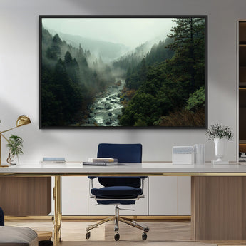 48497565-MGV-FC-36X24_Black-Misty Forest Wall Art Canvas Print, Framed Foggy River Art Picture Print, Moody Landscape Perfect Moody Wilderness Decor Artwork