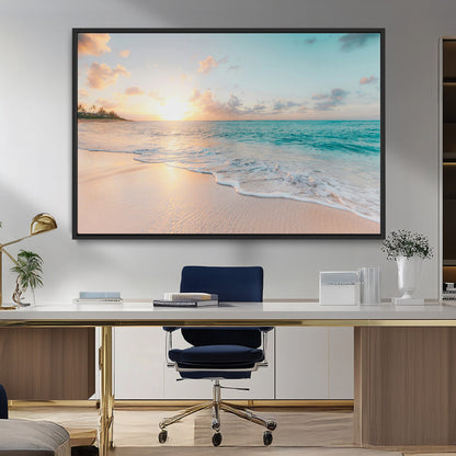 94538225-MGV-FC-36X24_Black-Beach Sunset Wall Art Canvas Print, Framed Ocean Waves Art Picture Print, Summer Escape Perfect Coastal Serenity Decor Artwork