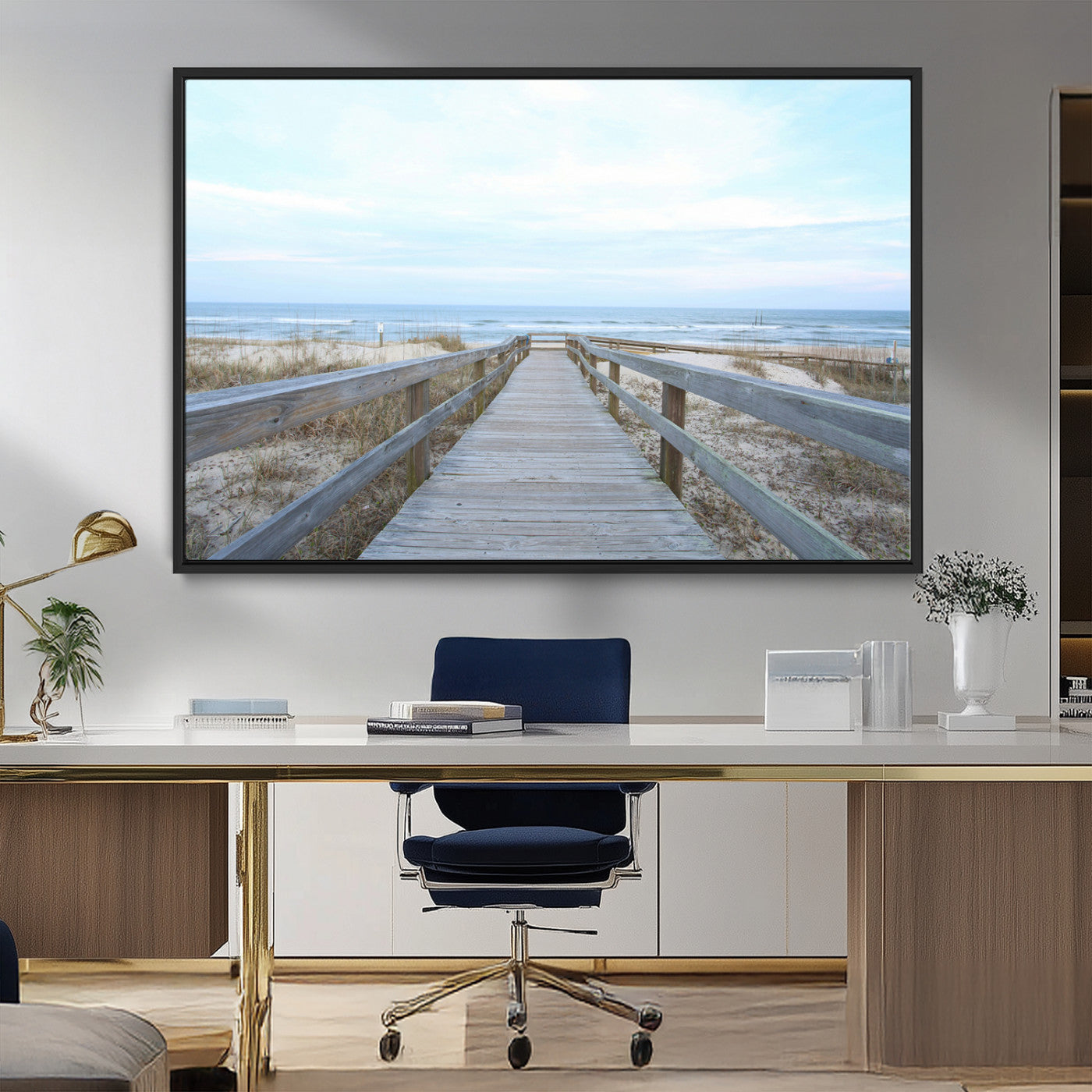 31602988-MGV-FC-36X24_Black-Beach Boardwalk Wall Art Canvas Print, Framed Coastal Serenity Art Picture Print, Ocean View Perfect Coastal Minimalist Decor