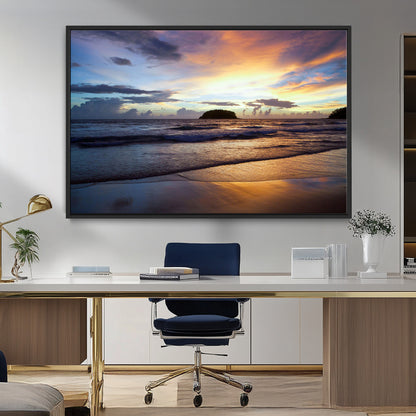 36714356-MGV-FC-36X24_Black-Beach Sunset Wall Art Canvas Print, Framed Ocean Waves Art Picture Print, Tropical Seascape Perfect Coastal Serenity Decor Artwork